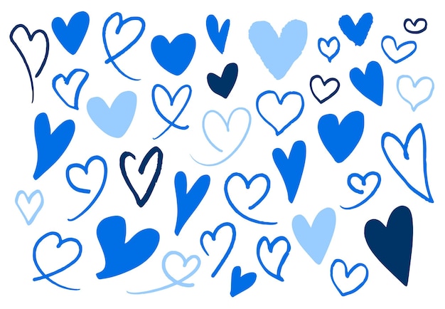 Vector various blue hearts, hand-drawn drawings, doodles, free spirits, sketch