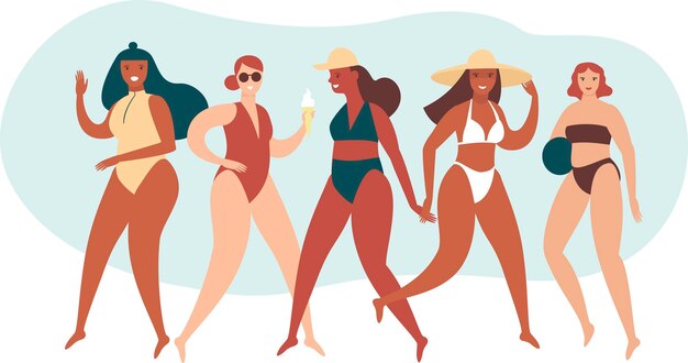 Varie ragazze positive per il corpo che indossano costumi da bagno personaggi della spiaggia estiva bellezza diversità di donne diverse