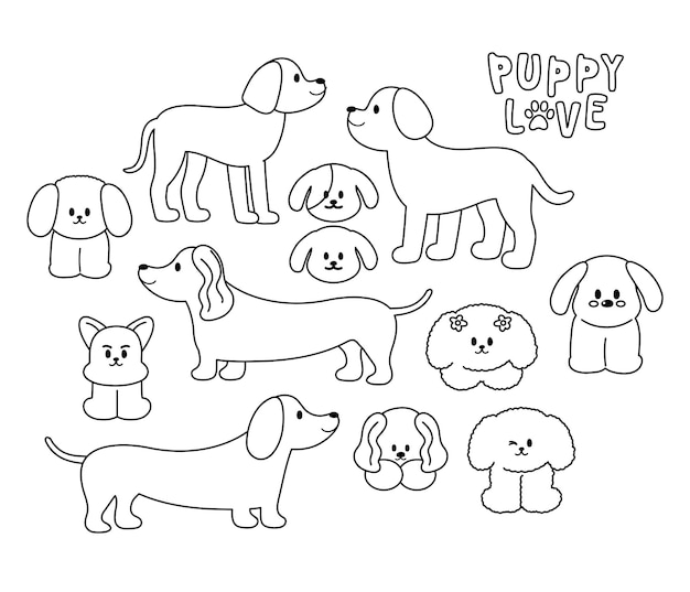 Vector various breeds of puppy dog outline for colouring book tattoo stickers comic cartoon character