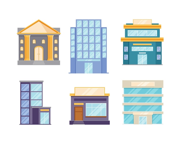 Векторная иллюстрация различных зданий с плоским дизайном