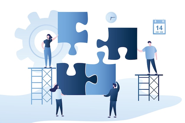 Various business people with parts of puzzle teamwork and business team building concept background