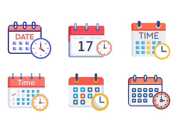 Various calendar and clock icons isolated on white background