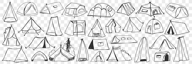 Various camping tents doodle set. collection of hand drawn camping temporary house tents for traveling tourism isolated.