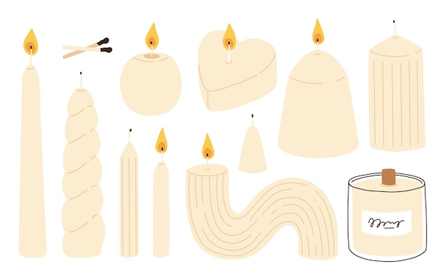 ベクトル 様々な形や大きさのろうそく 柱の瓶 ろうそくの円形の容器 ろうしゅうの心の形