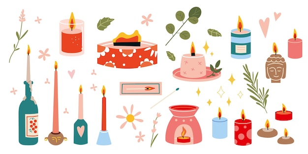 Various Candles set Different shapes and sizes cartoon style Concept of aromatherapy comfort and coziness Trendy modern vector illustration isolated on white background hand drawn flat design