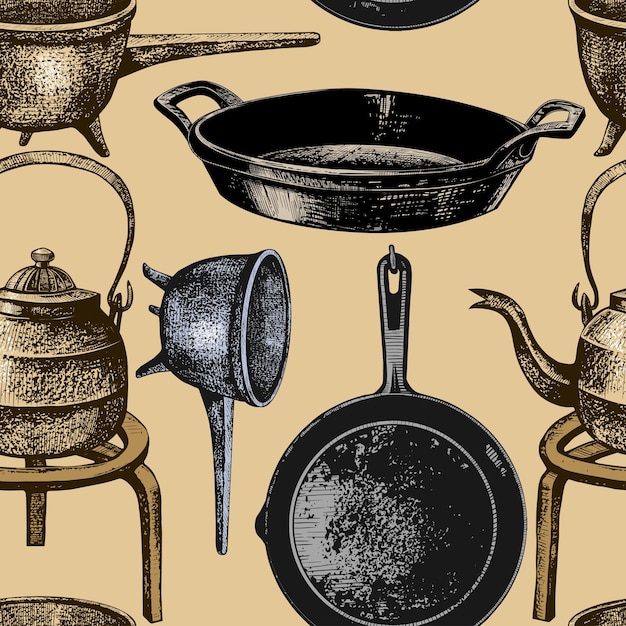 Vector various cast iron cookware vintage seamless pattern handdrawn illustration of kitchen utensils