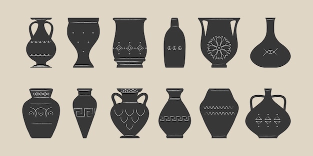 さまざまな陶製の花瓶。アンティークの古代陶器。陶器。フラットなイラスト。