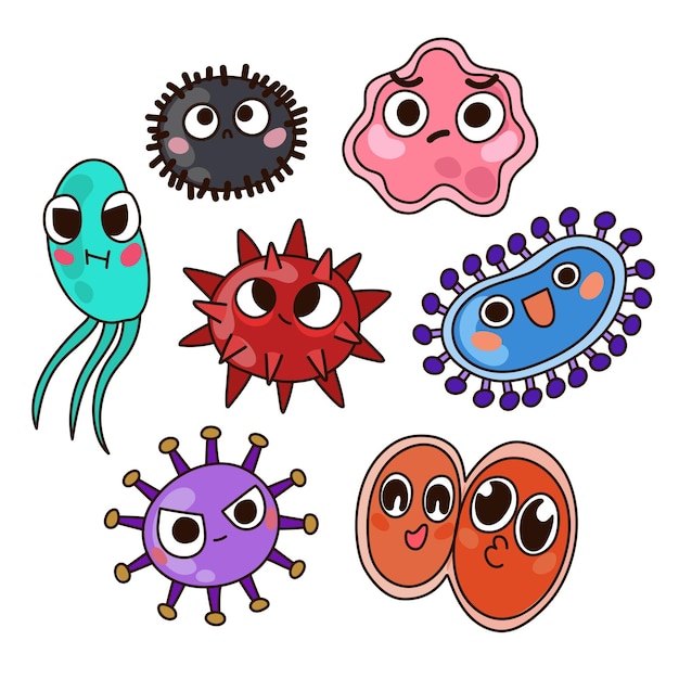 귀여운 디자인의 다양한 바이러스 캐릭터.