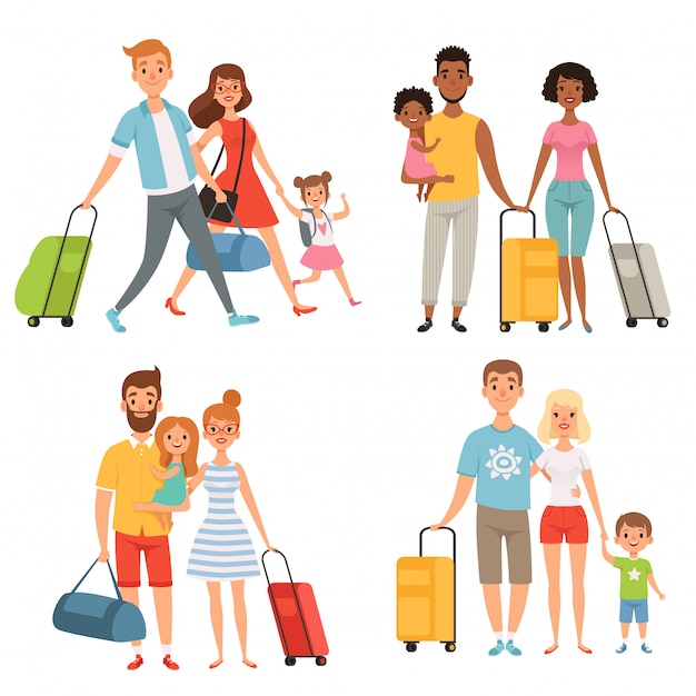 various characters of happy family at summer travelling