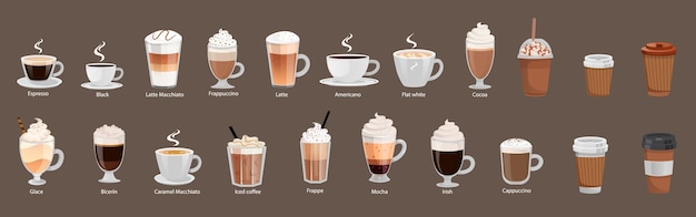 Vector various coffee drinks featured with different glassware variety of coffee drinks in different drinkware such as glasses and cups vector illustration