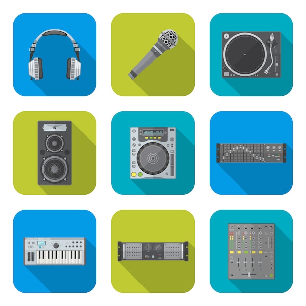 Vector various color flat design sound dj equipment devices icons set square background