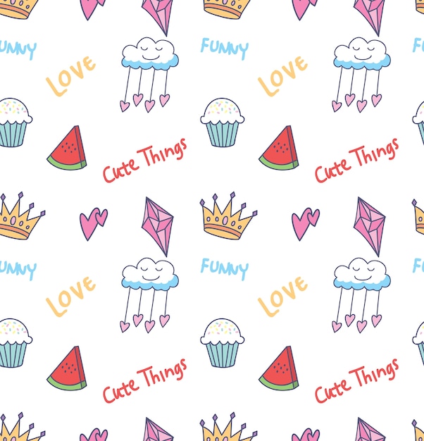 Various cute things doodle seamless background