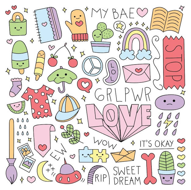 Various cute things in doodle style vector illustration