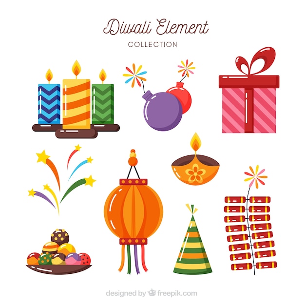 Various diwali elements in flat design