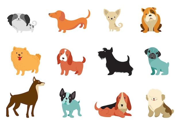 Various Dogs - collection of vector illustrations. Funny cartoons, different dog breeds, flat style