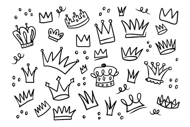 Various doodle outline crowns illustration set