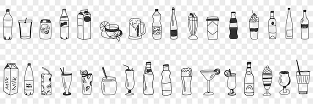 Various drinks doodle set