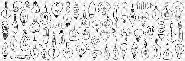 Набор различных электрических ламп каракули. коллекция рисованной подвесных светильников различной формы для домашнего электричества изолирована.