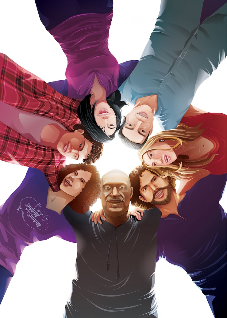 Vector various ethnic people hugging in circle with love illustration