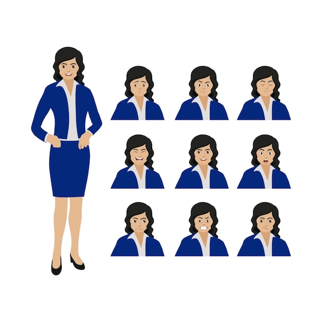 Vector various facial expressions, business woman