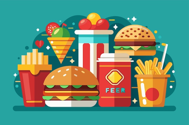 Vector various fast food items spread out on a table for a meal a detailed illustration of a fast food meal with all the toppings and condiments