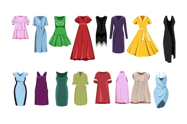 Vector various female dresses cartoon illustration set