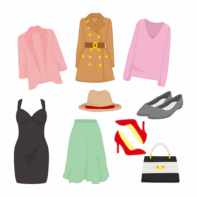 様々な女性のファッションスタイルアイテムイラストデ​​ザインセット