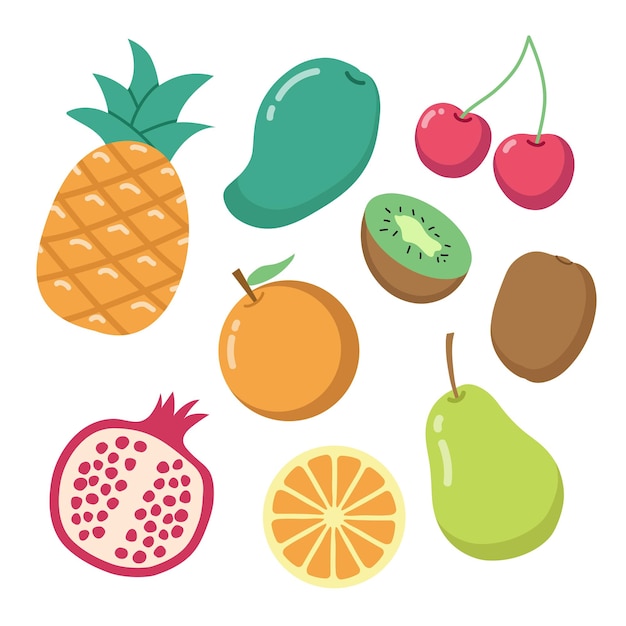 Various flat style healthy fruits