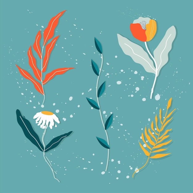Различные цветы и ветки яркие сочные цвета шиповвекторная иллюстрация для веб-приложений и печати садовый ботанический минималистский цветочный набор
