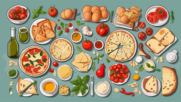 Various Food Items Arranged on a Table 2d vector illustration