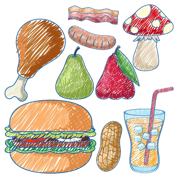 Various Foods in Pencil Colour Sketch Simple Style