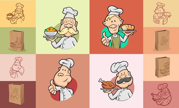 various forms of character from the profession of a chef are suitable for mascot or logo