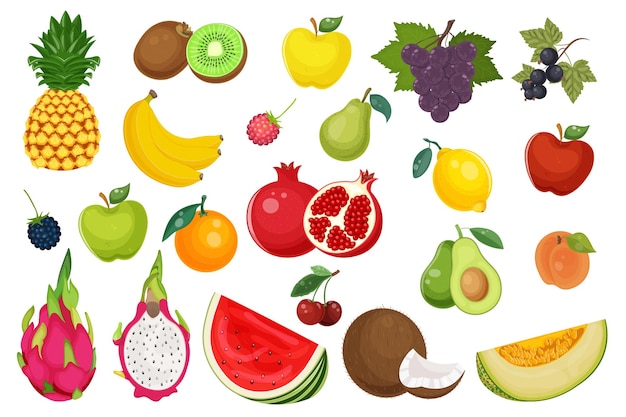 Различные свежие фрукты Здоровая вегетарианская еда Набор дыни, банана, арбуза, ананаса, апельсина, яблока, авокадо, витаминная диета, летний урожай, изолированный на белом фоне. Векторная иллюстрация.