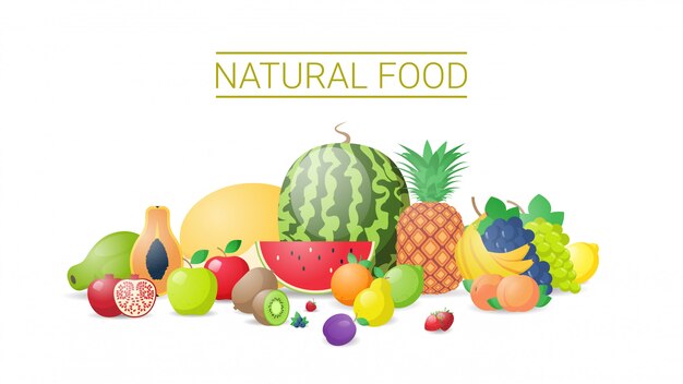 Various fresh juicy fruits composition healthy natural food concept horizontal