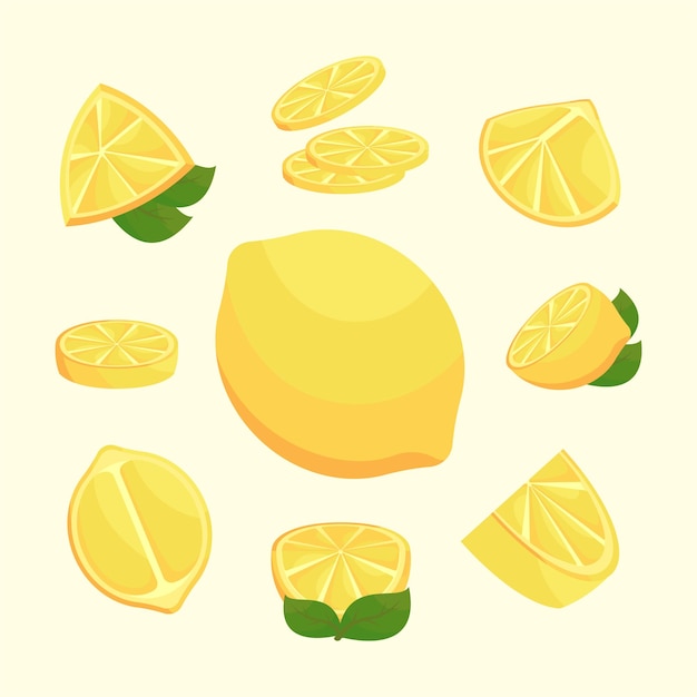 Various fruit set flat lemon exotic natural dessert cartoon isolated