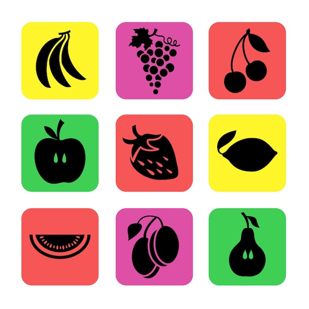 Vector various fruits on a color background different fruits silhouette icons