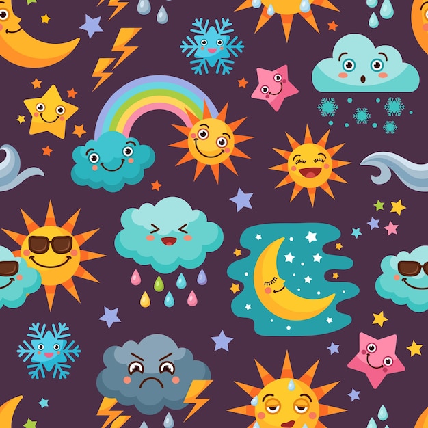 Various funny weather icons set. Cartoon seamless pattern with sun and rain clouds,  illustration