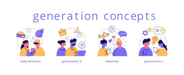 Various generations  representation set. Baby boomers, millennials, generation x, z types.