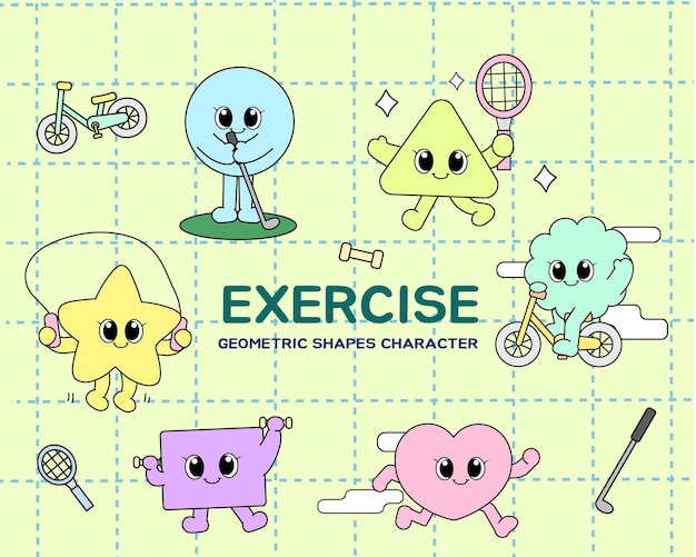 Various Geometric shapes characters drawn on the theme of Exercise