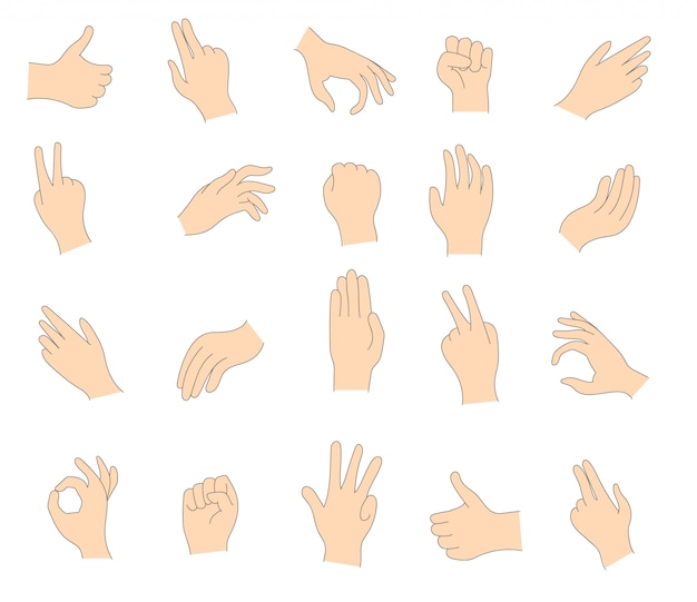 Vector various gestures of human hands isolated on a white background. set of palms showing various gestures. palm pointing at something. illustration of female and male hands.