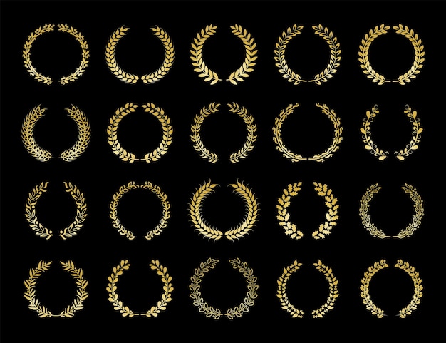 Various Gold Wreaths isolated on dark background Golden laurel wreath collection