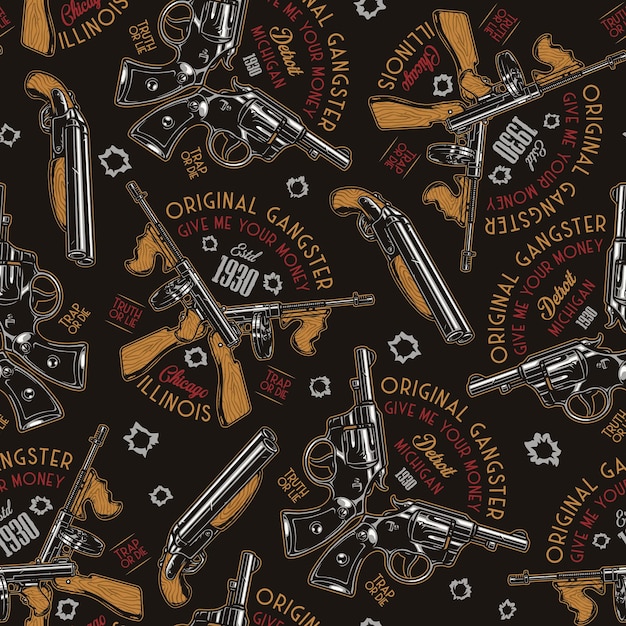 Vector various guns seamless pattern with inscriptions