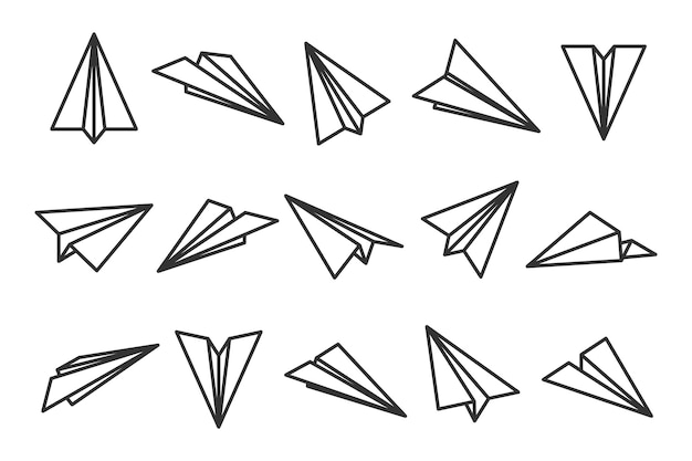 Various hand drawn paper planes Black doodle airplanes Aircraft icon simple monochrome plane silhouettes Outline line art Vector illustration