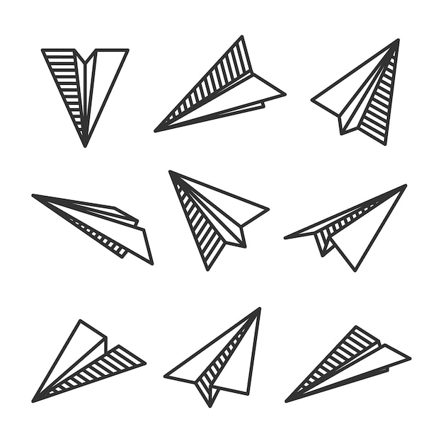 Vettore diversi aerei di carta disegnati a mano aerei di doodle neri icone di aeromobili semplici silhouette di aerei monocromatici arte di linea di contorno illustrazione vettoriale