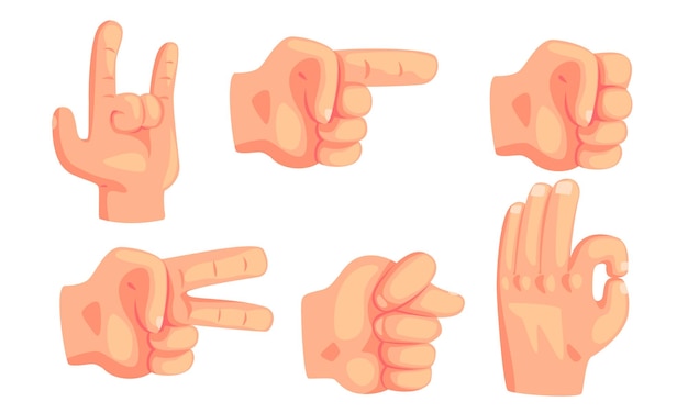 Various Hand Gestures Set Male Hand Showing Different Signs and Emotions Vector Illustration