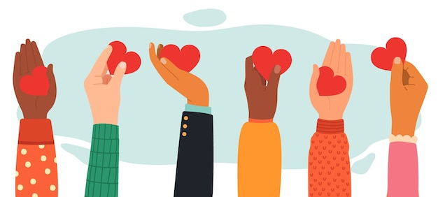 Various hand gestures with hearts in flat design