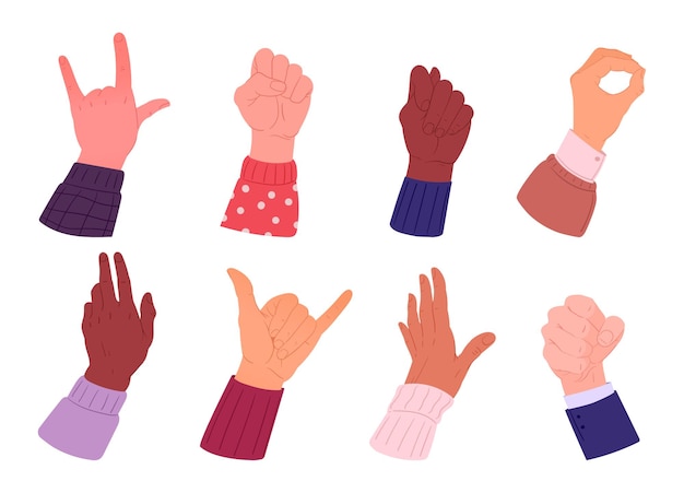 Различные жесты рук Мультяшные ладони рук с разными цветами кожи, хорошо, рок и позывной Жесты человеческих рук, плоский векторный набор иллюстраций