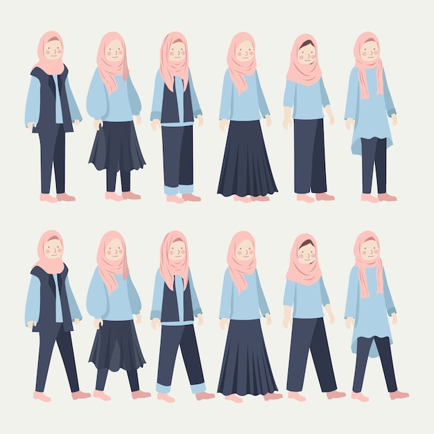 Various hijab girl casual daily outfit illustration set