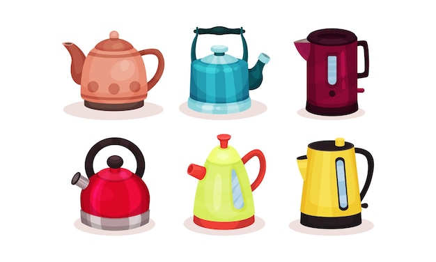 Vector various kettles vector illustrated set kitchenware collection domestic water boilers