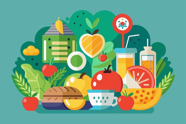 Vettore diversi tipi di alimenti sani e personalizzabili sono visualizzati in un gruppo su un tavolo cibo sano personalizzabile illustrazione sproporzionata